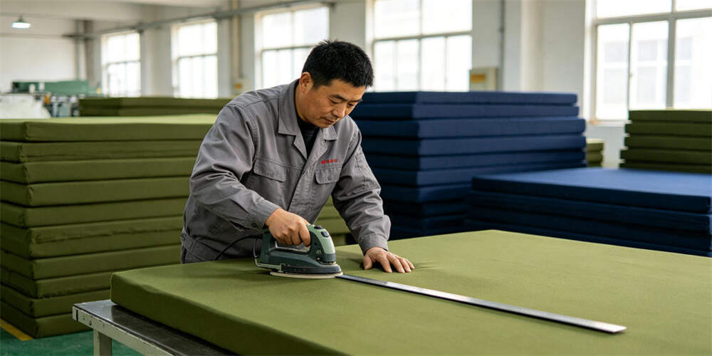 military foldable mattress factory production foam cutting chinese worker YRF textile China manufacturer military foldable mattress factory production foam cutting chinese worker YRF textile China manufacturer