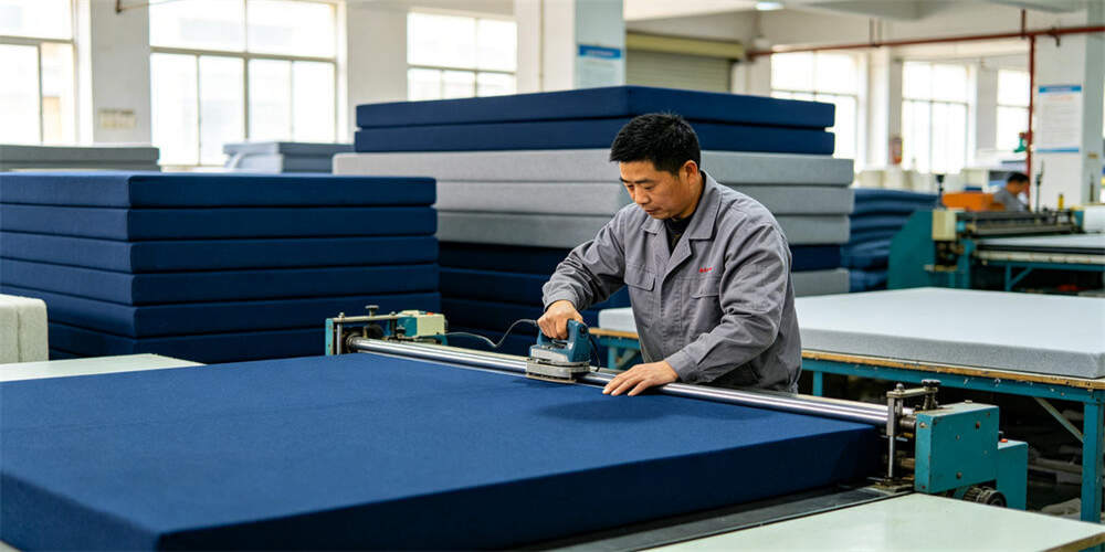 school dormitory thin mattress factory production foam cutting chinese worker navy blue YRF school dormitory thin mattress factory production foam cutting chinese worker navy blue YRF