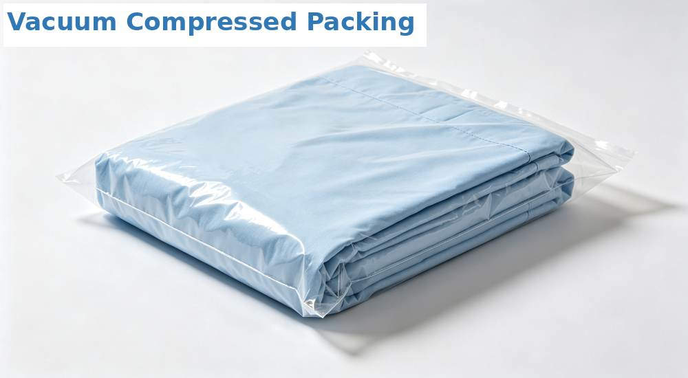 Vacuum compressed packaging of hospital medical bedding for space saving Vacuum compressed packaging of hospital medical bedding for space saving
