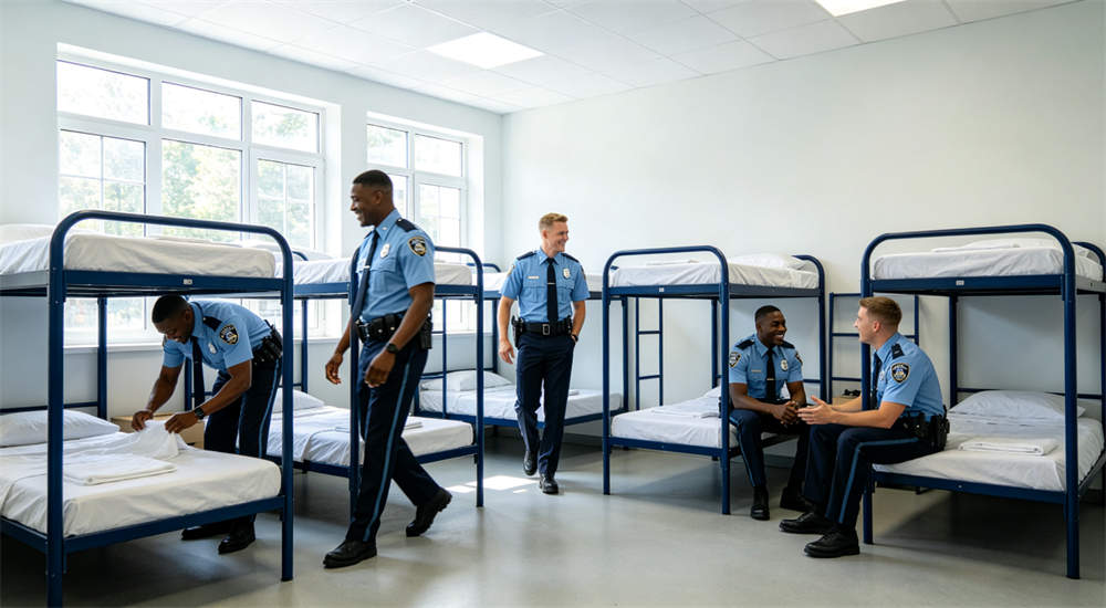Military police bedding in military barracks dormitory setting Military police bedding in military barracks dormitory setting
