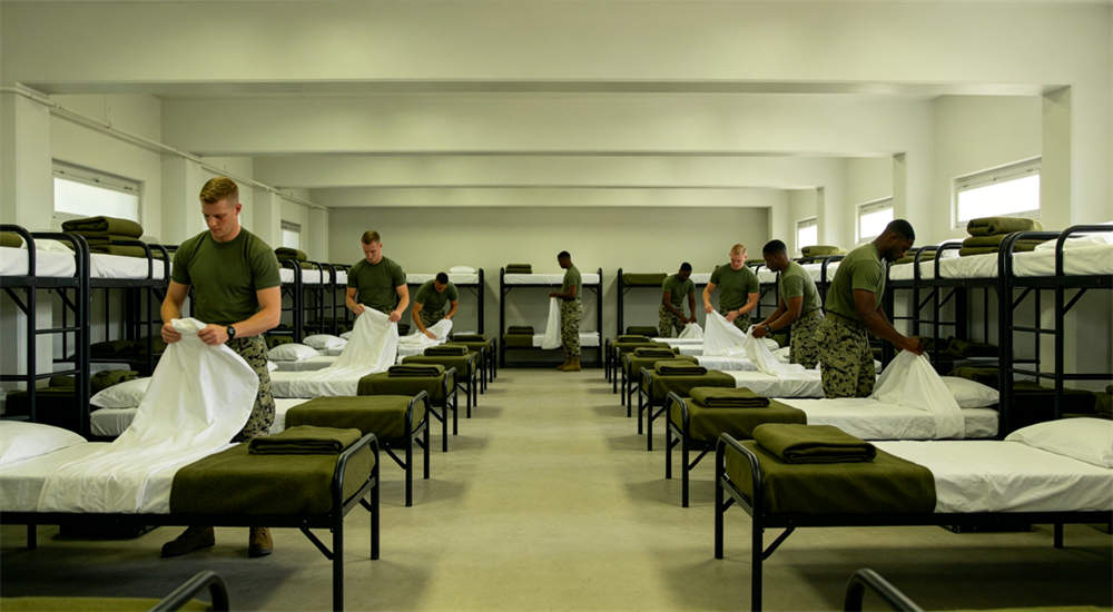 Military police bedding in military barracks dormitory setting Military police bedding in military barracks dormitory setting