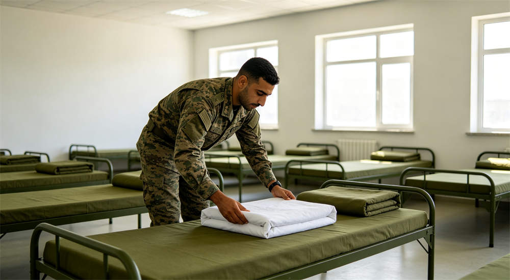 Military police bedding in military barracks dormitory setting Military police bedding in military barracks dormitory setting