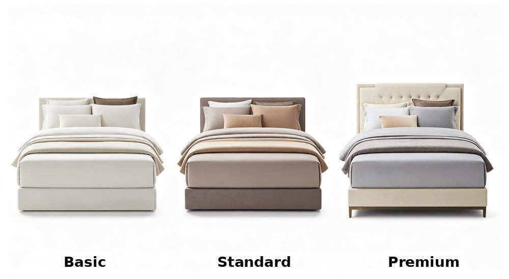 Nursing Home Bedding - Quality Tiers Comparison Multicolor Whitebg, bedding grades for different projects Nursing Home Bedding - Quality Tiers Comparison Multicolor Whitebg, bedding grades for different projects