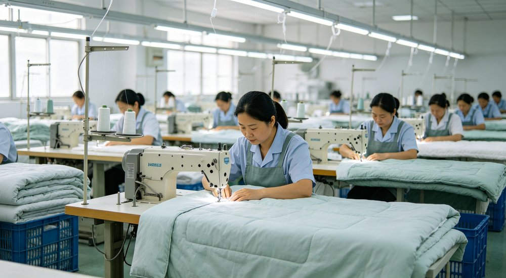 Nursing Home Bedding - Factory Sewing Chinese Inside, bedding during factory production process Nursing Home Bedding - Factory Sewing Chinese Inside, bedding during factory production process