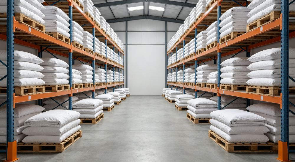 Nursing Home Bedding - Warehouse Storage White Inside, finished bedding kept in warehouse storage Nursing Home Bedding - Warehouse Storage White Inside, finished bedding kept in warehouse storage
