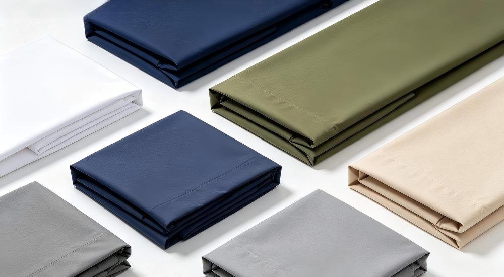 Top-down product display of multi colour folded bedding sets in white navy olive green beige and grey arranged on white background with Multi-Color Bedding Sets text for camp linen options Top-down product display of multi colour folded bedding sets in white navy olive green beige and grey arranged on white background with Multi-Color Bedding Sets text for camp linen options