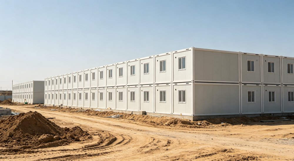 Exterior wide view of prefabricated construction site accommodation building with rows of worker rooms and temporary camp bedding facilities for remote industrial worker accommodation and high turnover institutional camp facilities requiring durable cost effective linen solutions Exterior wide view of prefabricated construction site accommodation building with rows of worker rooms and temporary camp bedding facilities for remote industrial worker accommodation and high turnover institutional camp facilities requiring durable cost effective linen solutions
