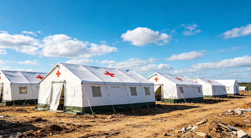Professional emergency relief tent photographed in field deployment showing sturdy construction waterproof fabric and steel frame design suitable for disaster response and humanitarian aid operations Professional emergency relief tent photographed in field deployment showing sturdy construction waterproof fabric and steel frame design suitable for disaster response and humanitarian aid operations