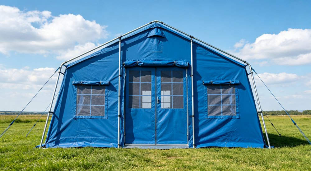 Front entrance view of a heavy duty emergency relief tent displaying the reinforced door frame sturdy zipper entrance and professional military grade construction quality Front entrance view of a heavy duty emergency relief tent displaying the reinforced door frame sturdy zipper entrance and professional military grade construction quality