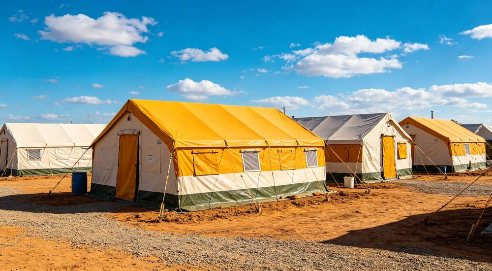 Emergency response tent captured during active deployment showing professional grade construction wind resistant frame and waterproof covering designed for long term use in challenging field conditions Emergency response tent captured during active deployment showing professional grade construction wind resistant frame and waterproof covering designed for long term use in challenging field conditions