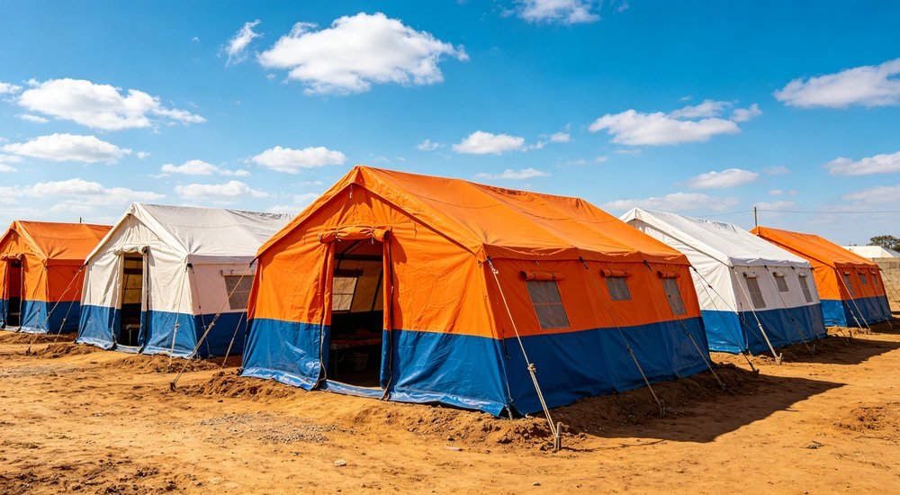 Humanitarian relief tent photographed at aid distribution camp providing reliable shelter with strong steel framework quality stitching and weather resistant fabric for disaster affected communities Humanitarian relief tent photographed at aid distribution camp providing reliable shelter with strong steel framework quality stitching and weather resistant fabric for disaster affected communities