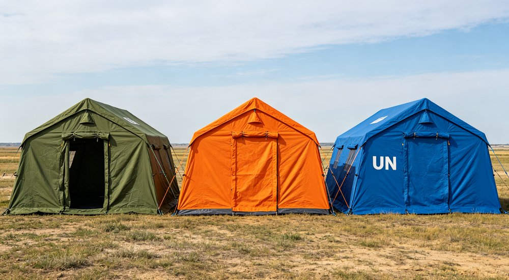 Heavy duty emergency frame tent displayed in operational setting demonstrating quick setup capability durable canvas exterior and spacious interior capacity for humanitarian relief missions Heavy duty emergency frame tent displayed in operational setting demonstrating quick setup capability durable canvas exterior and spacious interior capacity for humanitarian relief missions