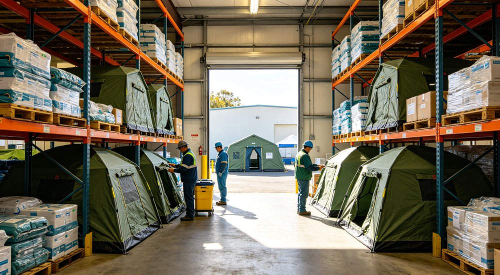 Emergency response tent captured during active deployment showing professional grade construction wind resistant frame and waterproof covering designed for long term use in challenging field conditions Emergency response tent captured during active deployment showing professional grade construction wind resistant frame and waterproof covering designed for long term use in challenging field conditions