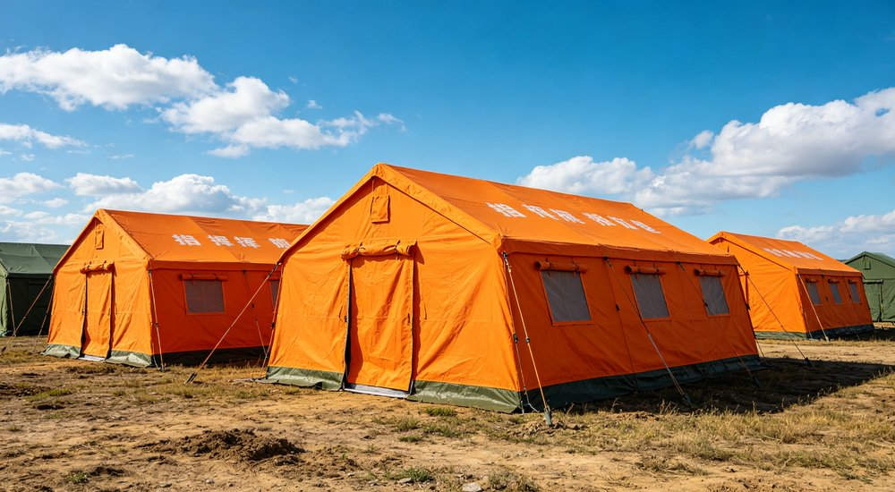 Humanitarian relief tent photographed at aid distribution camp providing reliable shelter with strong steel framework quality stitching and weather resistant fabric for disaster affected communities Humanitarian relief tent photographed at aid distribution camp providing reliable shelter with strong steel framework quality stitching and weather resistant fabric for disaster affected communities