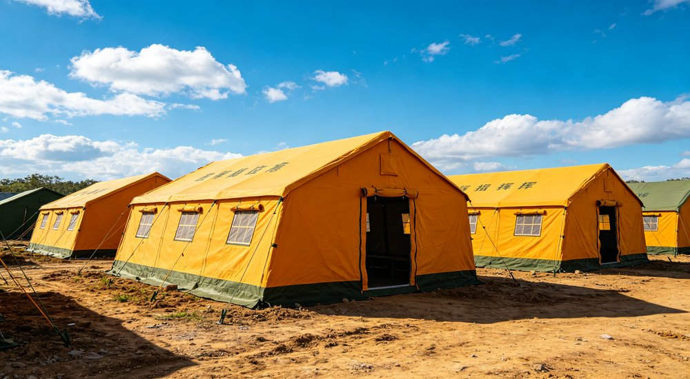 Professional emergency relief tent photographed in field deployment showing sturdy construction waterproof fabric and steel frame design suitable for disaster response and humanitarian aid operations Professional emergency relief tent photographed in field deployment showing sturdy construction waterproof fabric and steel frame design suitable for disaster response and humanitarian aid operations