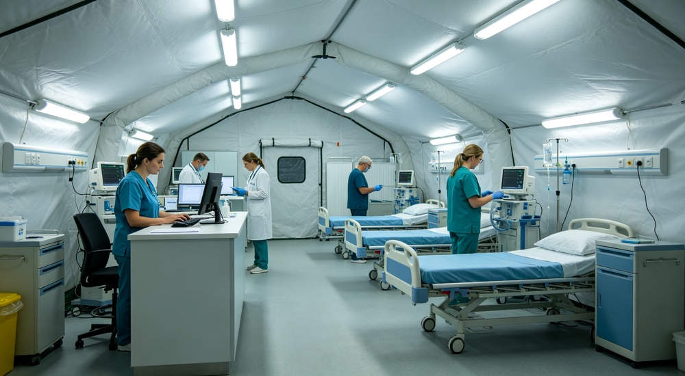 High-quality photo of a 30 square meter inflatable medical tent interior panoramic view showing spacious layout professional grade emergency shelter equipment suitable for field hospital deployment and disaster response operations High-quality photo of a 30 square meter inflatable medical tent interior panoramic view showing spacious layout professional grade emergency shelter equipment suitable for field hospital deployment and disaster response operations