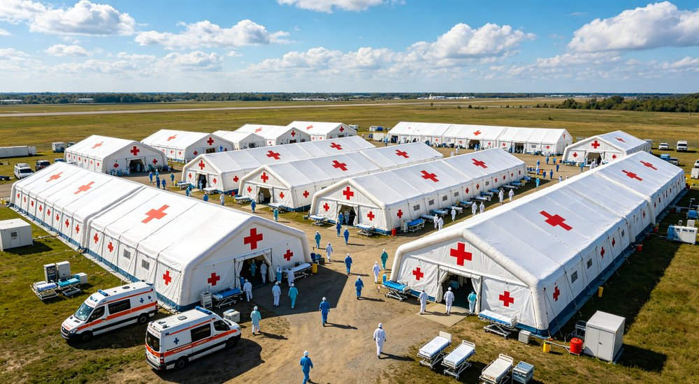 High-quality photo of a 30 square meter inflatable medical tent full exterior view showing complete structure in blue and white color scheme High-quality photo of a 30 square meter inflatable medical tent full exterior view showing complete structure in blue and white color scheme