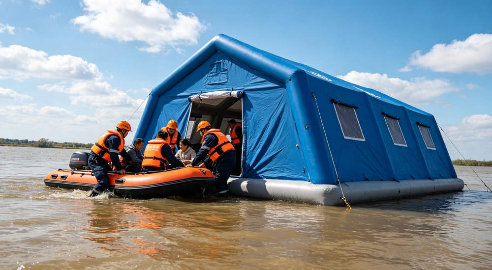 High-quality photo of a 30 square meter inflatable medical tent full exterior view showing complete structure used in disaster relief and humanitarian aid operations in blue and white color scheme High-quality photo of a 30 square meter inflatable medical tent full exterior view showing complete structure used in disaster relief and humanitarian aid operations in blue and white color scheme