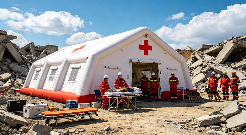 High-quality photo of a 30 square meter inflatable medical tent full exterior view showing complete structure including field repair kit and maintenance tools in white color with red cross medical markings High-quality photo of a 30 square meter inflatable medical tent full exterior view showing complete structure including field repair kit and maintenance tools in white color with red cross medical markings