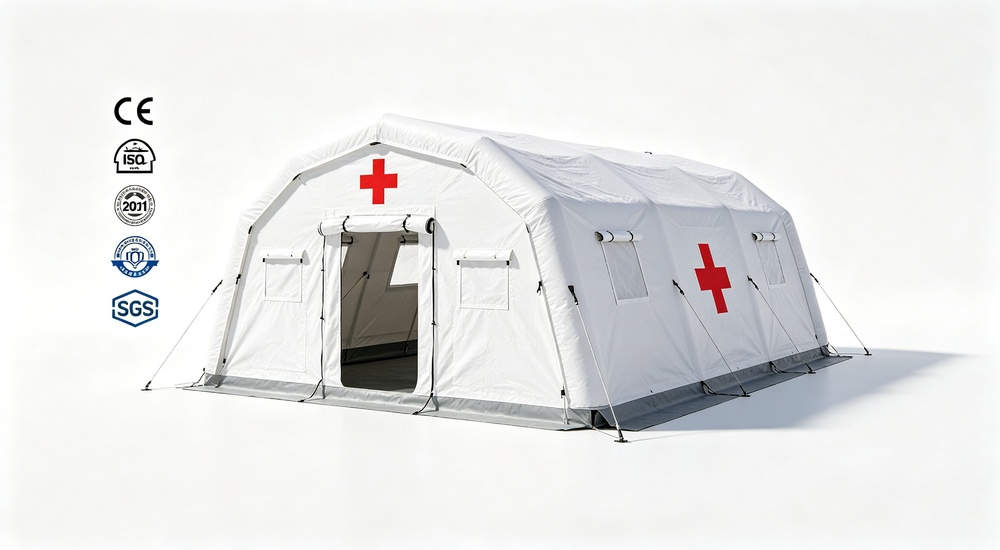High-quality photo of a 30 square meter inflatable medical tent full exterior view showing complete structure professional grade emergency shelter equipment suitable for field hospital deployment and disaster response operations High-quality photo of a 30 square meter inflatable medical tent full exterior view showing complete structure professional grade emergency shelter equipment suitable for field hospital deployment and disaster response operations
