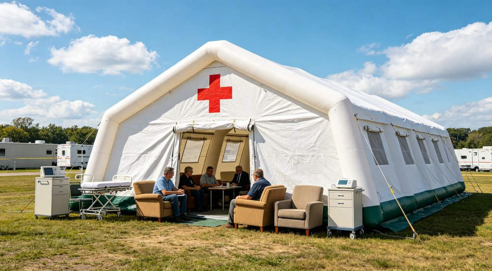 High-quality photo of a 30 square meter inflatable medical tent full exterior view showing complete structure manufactured in a professional factory production workshop in China in white color with red cross medical markings High-quality photo of a 30 square meter inflatable medical tent full exterior view showing complete structure manufactured in a professional factory production workshop in China in white color with red cross medical markings