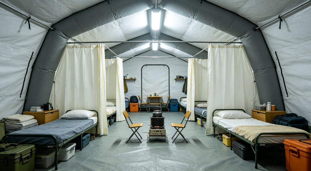 High-quality photo of a 40 square meter inflatable disaster relief tent full exterior view showing complete structure used in disaster relief and humanitarian aid operations High-quality photo of a 40 square meter inflatable disaster relief tent full exterior view showing complete structure used in disaster relief and humanitarian aid operations