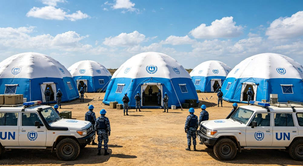 High-quality photo of a 40 square meter inflatable disaster relief tent full exterior view showing complete structure used in disaster relief and humanitarian aid operations High-quality photo of a 40 square meter inflatable disaster relief tent full exterior view showing complete structure used in disaster relief and humanitarian aid operations