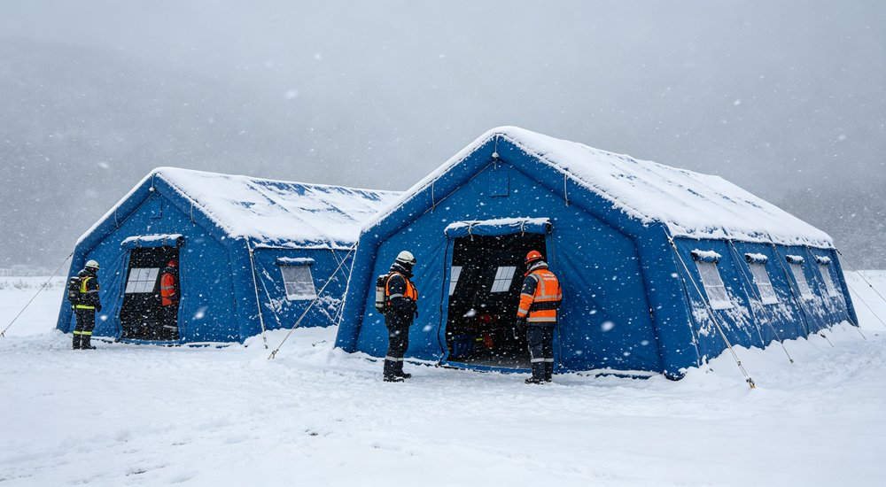 High-quality photo of a 40 square meter inflatable disaster relief tent full exterior view showing complete structure used in disaster relief and humanitarian aid operations High-quality photo of a 40 square meter inflatable disaster relief tent full exterior view showing complete structure used in disaster relief and humanitarian aid operations