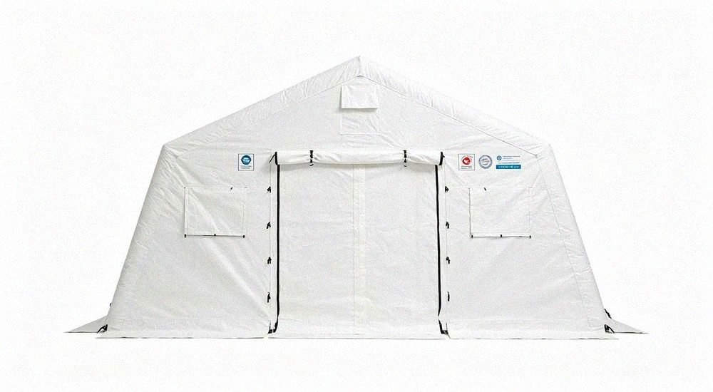 High-quality photo of a 40 square meter inflatable disaster relief tent full exterior view showing complete structure used in disaster relief and humanitarian aid operations in white color with red cross medical markings High-quality photo of a 40 square meter inflatable disaster relief tent full exterior view showing complete structure used in disaster relief and humanitarian aid operations in white color with red cross medical markings