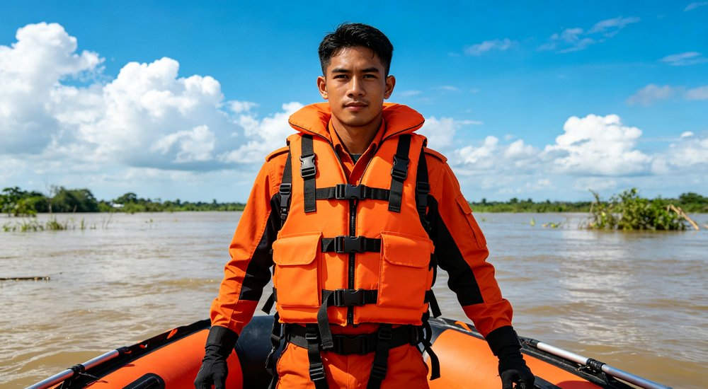 Professional 275N heavy duty rescue life jacket worn by Southeast Asian male rescuer during flood disaster operation, reliable buoyancy performance for offshore and water rescue applications Professional 275N heavy duty rescue life jacket worn by Southeast Asian male rescuer during flood disaster operation, reliable buoyancy performance for offshore and water rescue applications