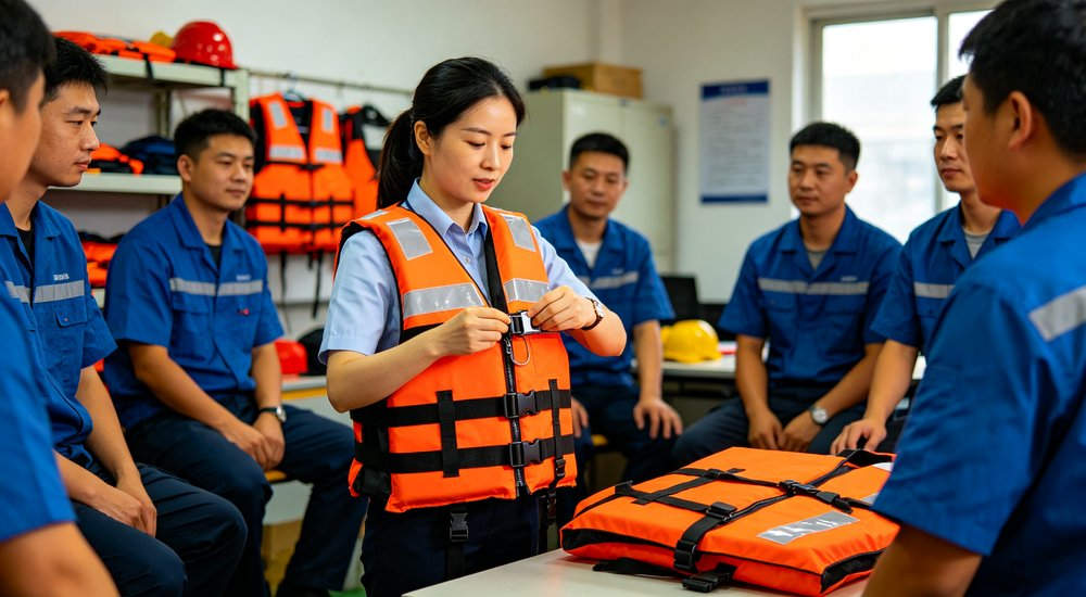 Life jacket maintenance and inspection training session with Asian female instructor demonstrating proper zipper buckle and reflective tape checks to group of factory workers in organized training room setting Life jacket maintenance and inspection training session with Asian female instructor demonstrating proper zipper buckle and reflective tape checks to group of factory workers in organized training room setting