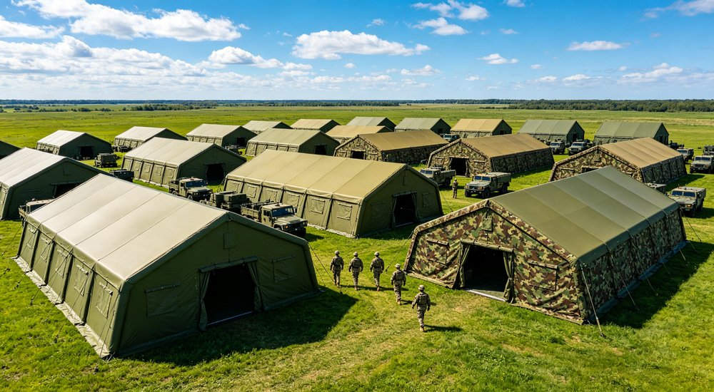 Side view of a 50sqm digital camouflage military inflatable command tent with portable generator and power equipment outside, two technicians checking power system connections Side view of a 50sqm digital camouflage military inflatable command tent with portable generator and power equipment outside, two technicians checking power system connections