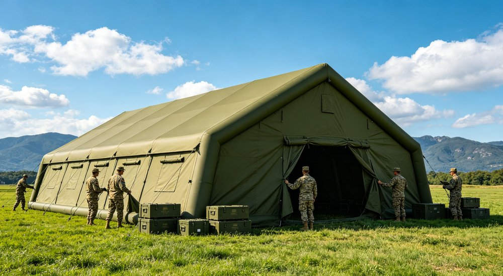 Exterior view of 50sqm digital camouflage military inflatable command tent with military maintenance team performing post-deployment cleaning and inspection of tent fabric and seams Exterior view of 50sqm digital camouflage military inflatable command tent with military maintenance team performing post-deployment cleaning and inspection of tent fabric and seams
