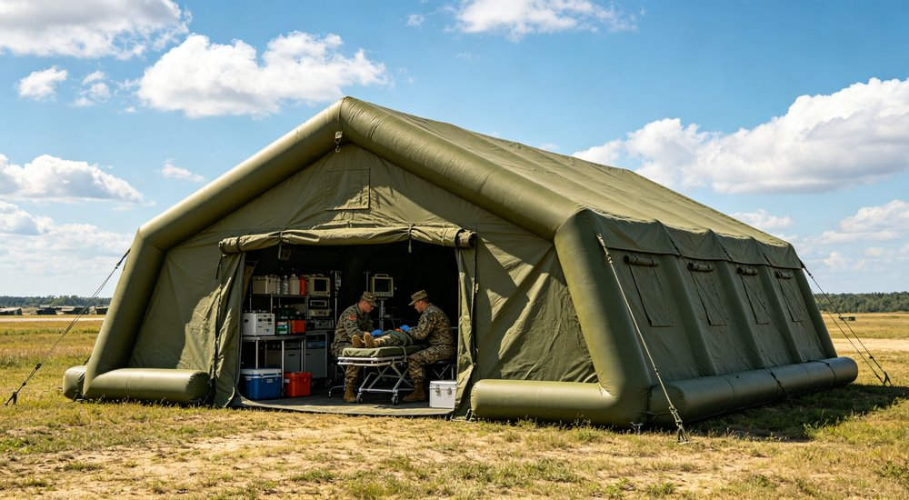 Front view of 50sqm olive green military inflatable command tent with field repair kit displayed showing PVC patches, adhesive and tools for emergency tent damage repair in field Front view of 50sqm olive green military inflatable command tent with field repair kit displayed showing PVC patches, adhesive and tools for emergency tent damage repair in field