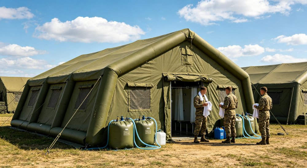 Exterior view of 50sqm digital camouflage military inflatable command tent with forward operating base complex showing multiple connected tents including command, communication and living facilities Exterior view of 50sqm digital camouflage military inflatable command tent with forward operating base complex showing multiple connected tents including command, communication and living facilities
