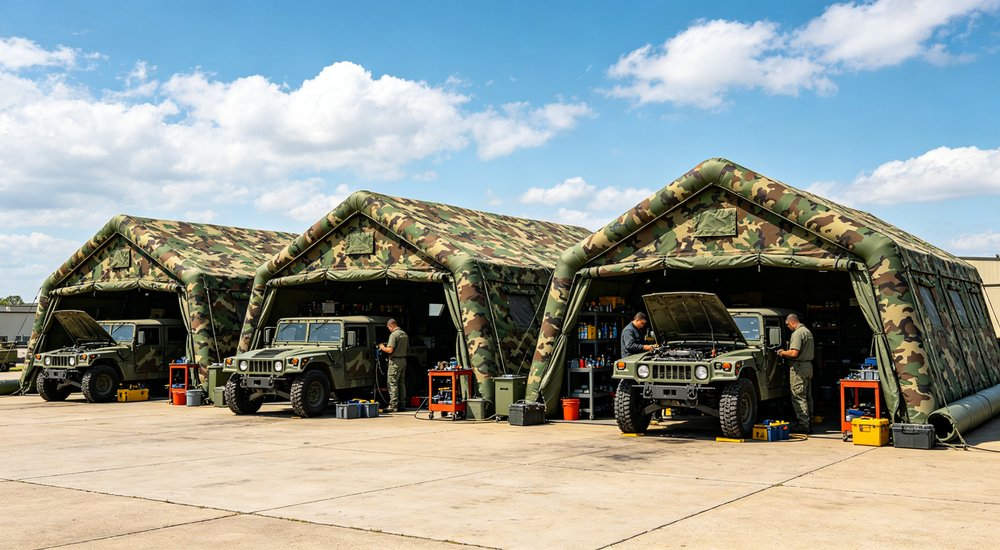 Front view of 50sqm olive green military inflatable command tent with military medical team configuring interior as field hospital station with beds and medical equipment for emergency care Front view of 50sqm olive green military inflatable command tent with military medical team configuring interior as field hospital station with beds and medical equipment for emergency care
