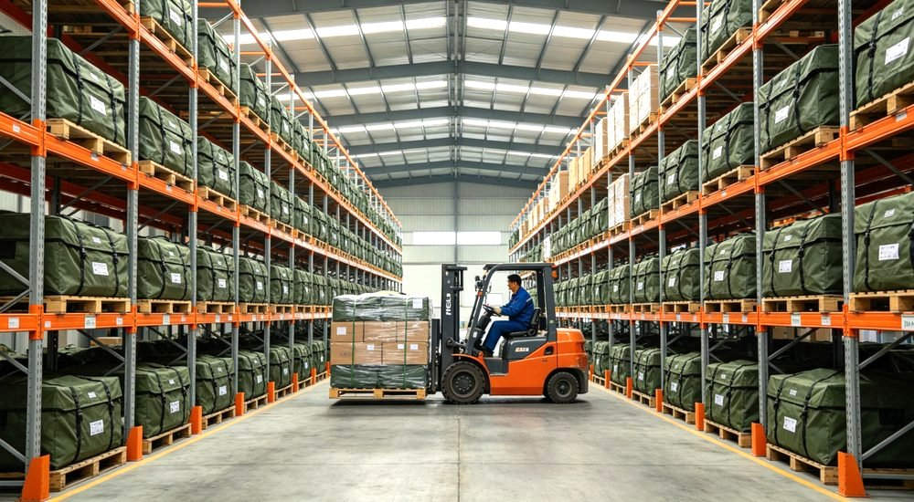 warehouse forklift handling pallet loaded with packed emergency medical tents, bulk stock stacked on storage racks for institutional procurement warehouse forklift handling pallet loaded with packed emergency medical tents, bulk stock stacked on storage racks for institutional procurement