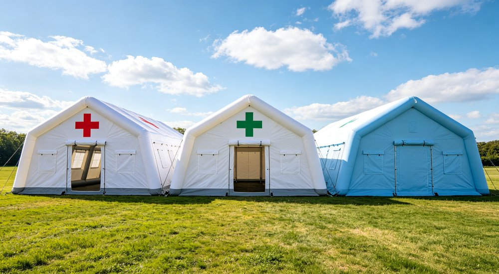 three inflatable medical tents marked with medical cross signs set up on green grass for outdoor field medical support three inflatable medical tents marked with medical cross signs set up on green grass for outdoor field medical support