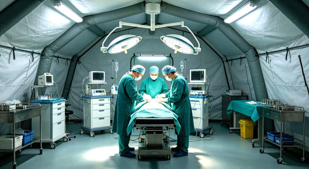 surgical team performing operation inside inflatable medical tent equipped with surgical lights and medical monitoring devices surgical team performing operation inside inflatable medical tent equipped with surgical lights and medical monitoring devices