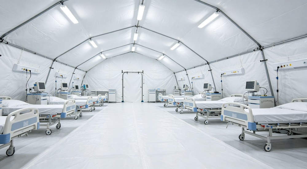 spacious interior of frame medical tent arranged with multiple hospital beds and patient monitoring equipment spacious interior of frame medical tent arranged with multiple hospital beds and patient monitoring equipment