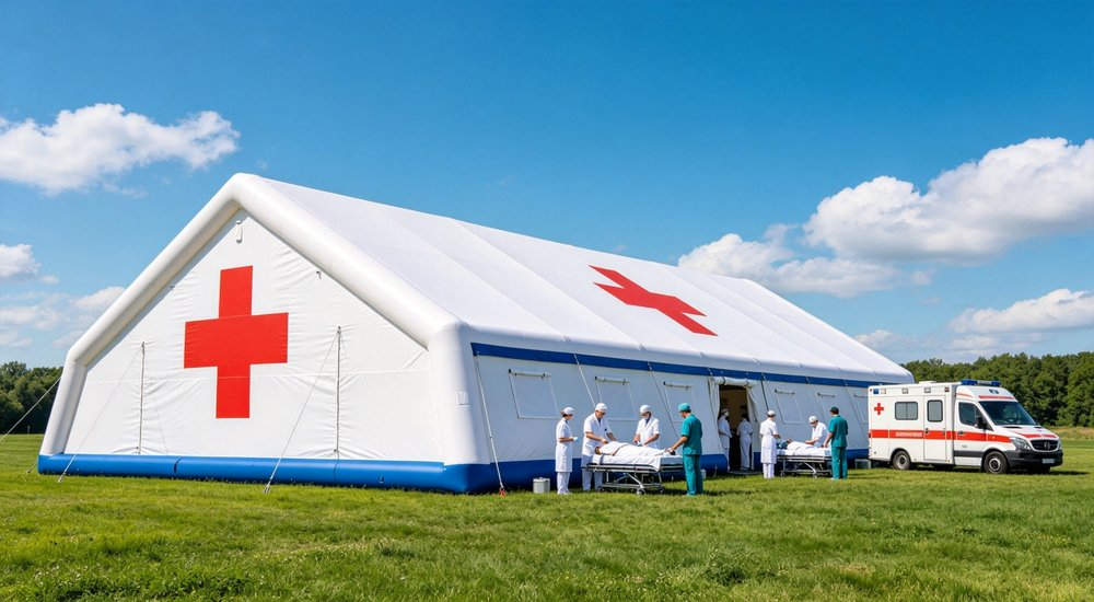 large inflatable medical tent printed with red cross on grass field, medical staff transfer patient with ambulance beside large inflatable medical tent printed with red cross on grass field, medical staff transfer patient with ambulance beside