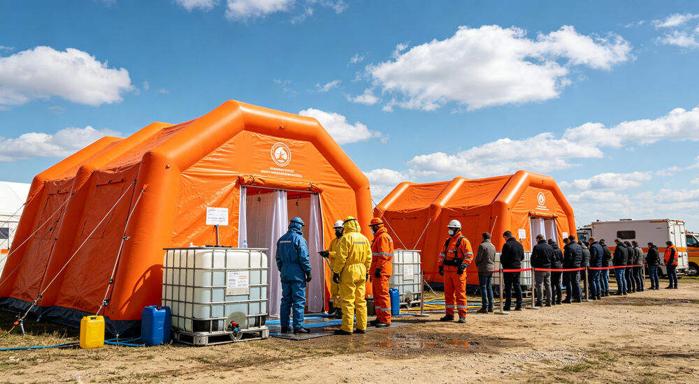 Decontamination shower inflatable tent scenario detachable inflatable decontamination shower tent for flexible site layout Decontamination shower inflatable tent scenario detachable inflatable decontamination shower tent for flexible site layout