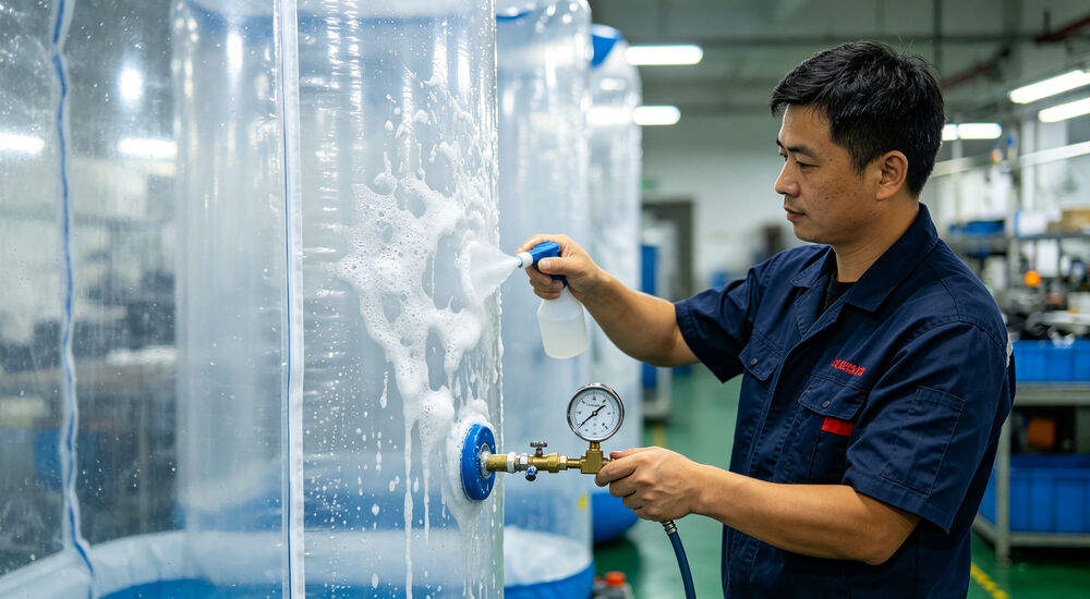 Worker performing air tightness leak test with soapy water on inflatable tent air column and pressure gauge Worker performing air tightness leak test with soapy water on inflatable tent air column and pressure gauge