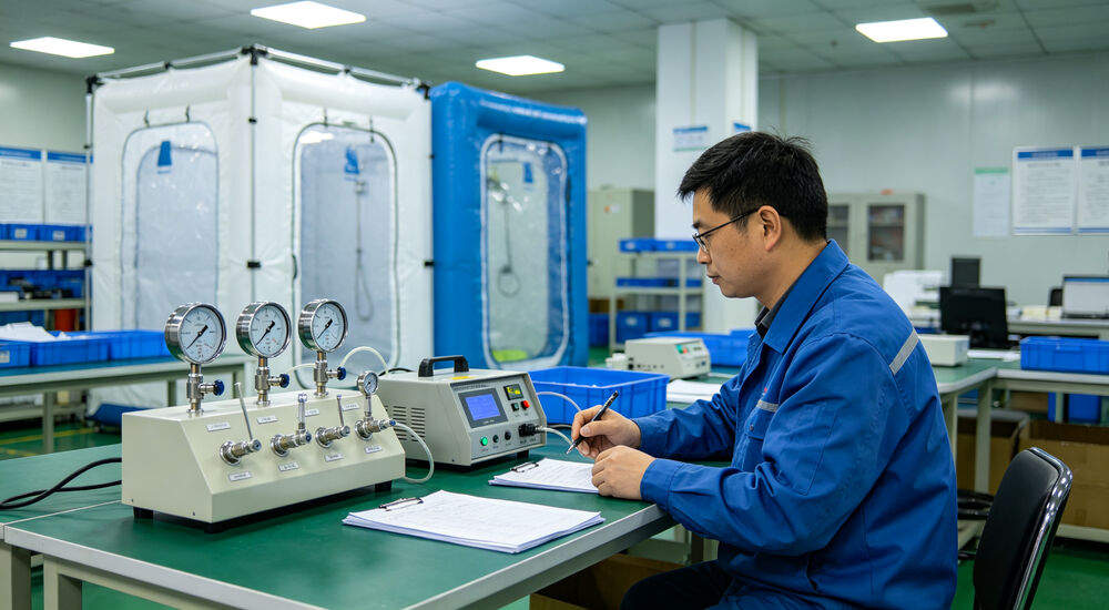 Technician records pressure test data of inflatable decontamination tent with multi-gauge testing equipment in laboratory Technician records pressure test data of inflatable decontamination tent with multi-gauge testing equipment in laboratory