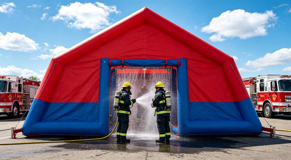 Red and blue inflatable decontamination tent, firefighters performing outdoor decontamination operation Red and blue inflatable decontamination tent, firefighters performing outdoor decontamination operation