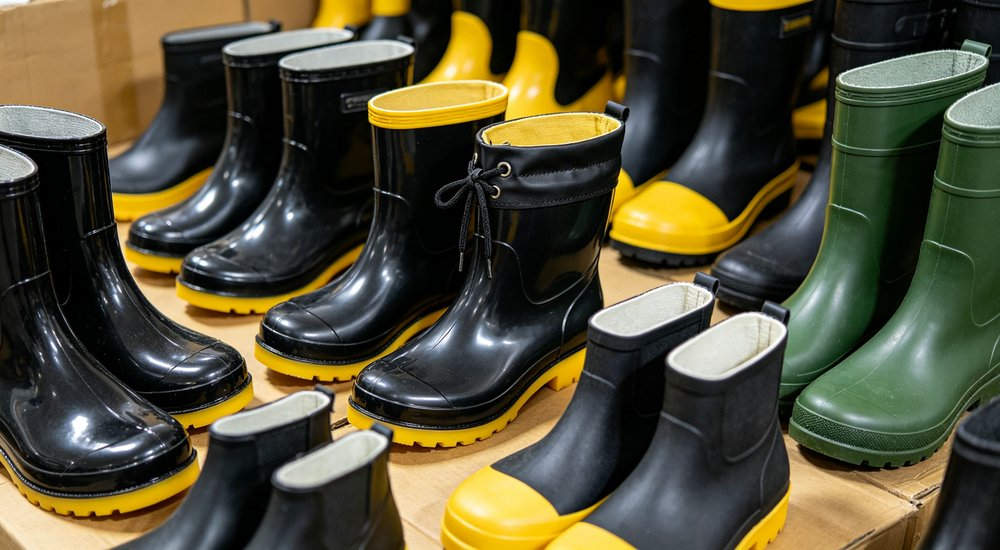 Wholesale flood rain boots collection showing multiple black, yellow and green wellington boot styles, front angled view of waterproof PVC and rubber uppers with anti-slip ox tendon soles, bulk safety footwear supply from China manufacturer Wholesale flood rain boots collection showing multiple black, yellow and green wellington boot styles, front angled view of waterproof PVC and rubber uppers with anti-slip ox tendon soles, bulk safety footwear supply from China manufacturer