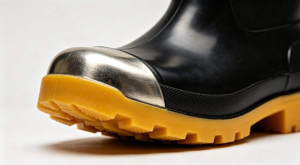 Close-up detail of black safety rain boot showing reinforced steel toe cap and yellow ox tendon anti-slip sole, angled product view of 200-joule impact-resistant toe, durable PVC polymer, wholesale industrial safety footwear Close-up detail of black safety rain boot showing reinforced steel toe cap and yellow ox tendon anti-slip sole, angled product view of 200-joule impact-resistant toe, durable PVC polymer, wholesale industrial safety footwear