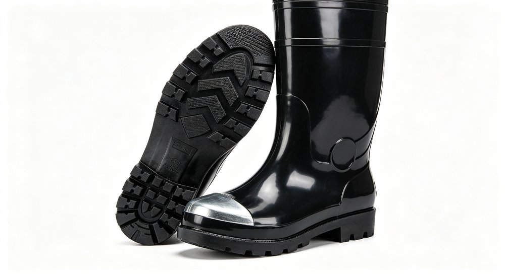 Heavy-duty 40cm black rain boot with steel toe and steel midsole, straight-on authentic product view showing reinforced protective system and deep lug SRC sole, mining safety boots wholesale manufacturer Heavy-duty 40cm black rain boot with steel toe and steel midsole, straight-on authentic product view showing reinforced protective system and deep lug SRC sole, mining safety boots wholesale manufacturer