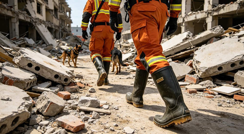 Urban search and rescue team member wearing heavy-duty steel-toe boots on earthquake rubble, low angle showing reinforced toe and puncture midsole, USAR safety boots bulk from China supplier Urban search and rescue team member wearing heavy-duty steel-toe boots on earthquake rubble, low angle showing reinforced toe and puncture midsole, USAR safety boots bulk from China supplier