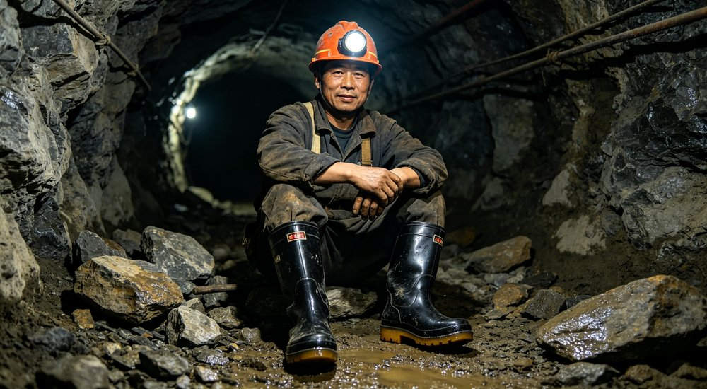 Miner wearing heavy-duty black steel-toe rain boots in an underground mining tunnel, low angle showing reinforced toe and puncture-resistant midsole, durable waterproof polymer, mining boots wholesale supplier Miner wearing heavy-duty black steel-toe rain boots in an underground mining tunnel, low angle showing reinforced toe and puncture-resistant midsole, durable waterproof polymer, mining boots wholesale supplier